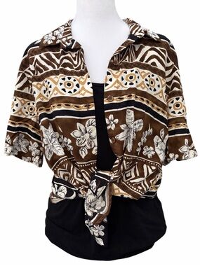 Alfred Dunner Brown Coastal Tribal Floral Button Front Shirt Vacation Size 16